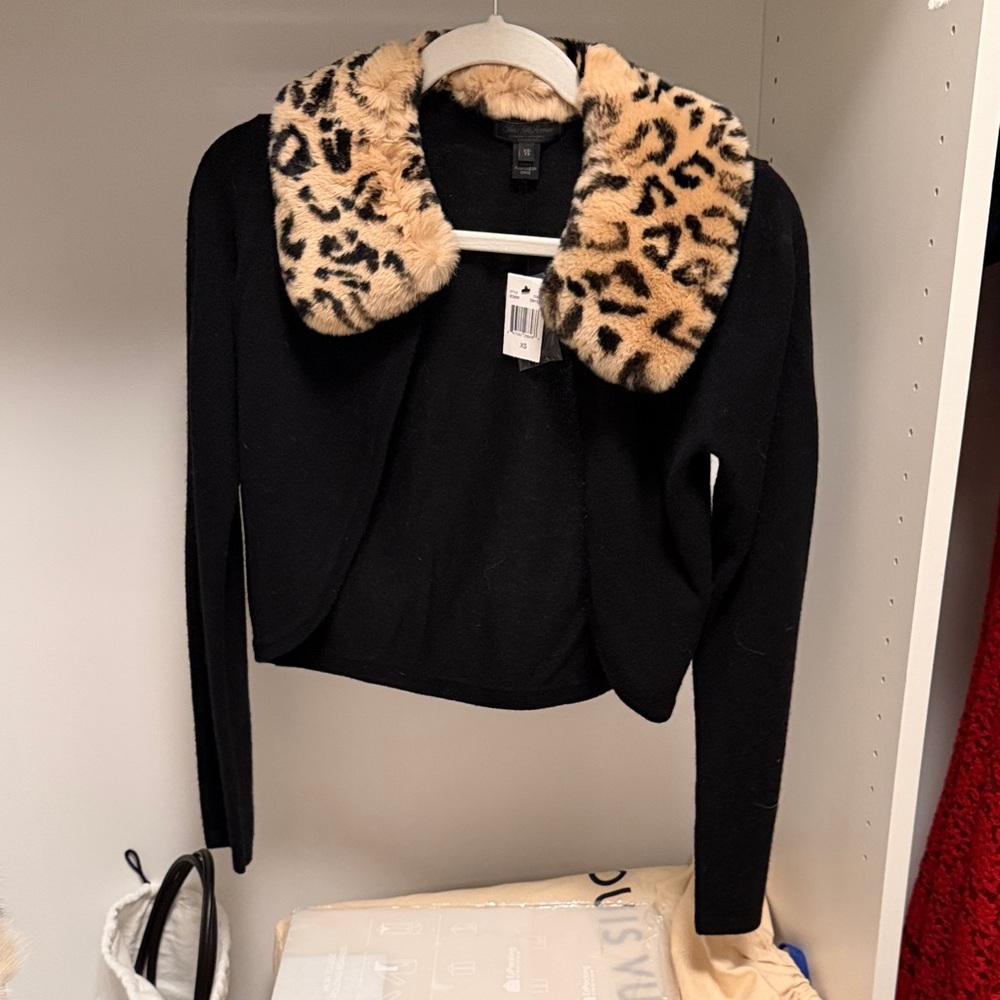 Saks Fifth Avenue Black Sweater with Animal Print Collar